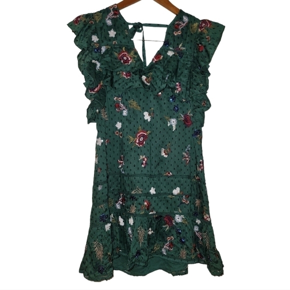 Tularosa Lindsay Emerald Green Eyelet Sequin Mini Dress XXS Embroidered Floral - Picture 3 of 9